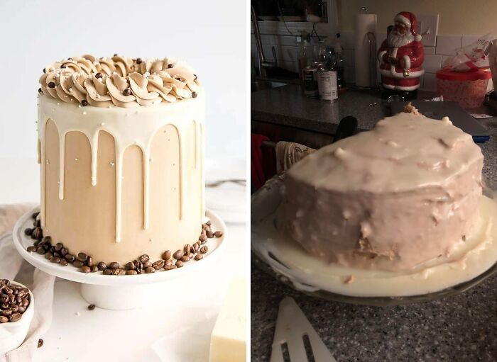 Side-by-side comparison of a beautifully decorated coffee cake and a failed attempt at ruining dessert presentation.