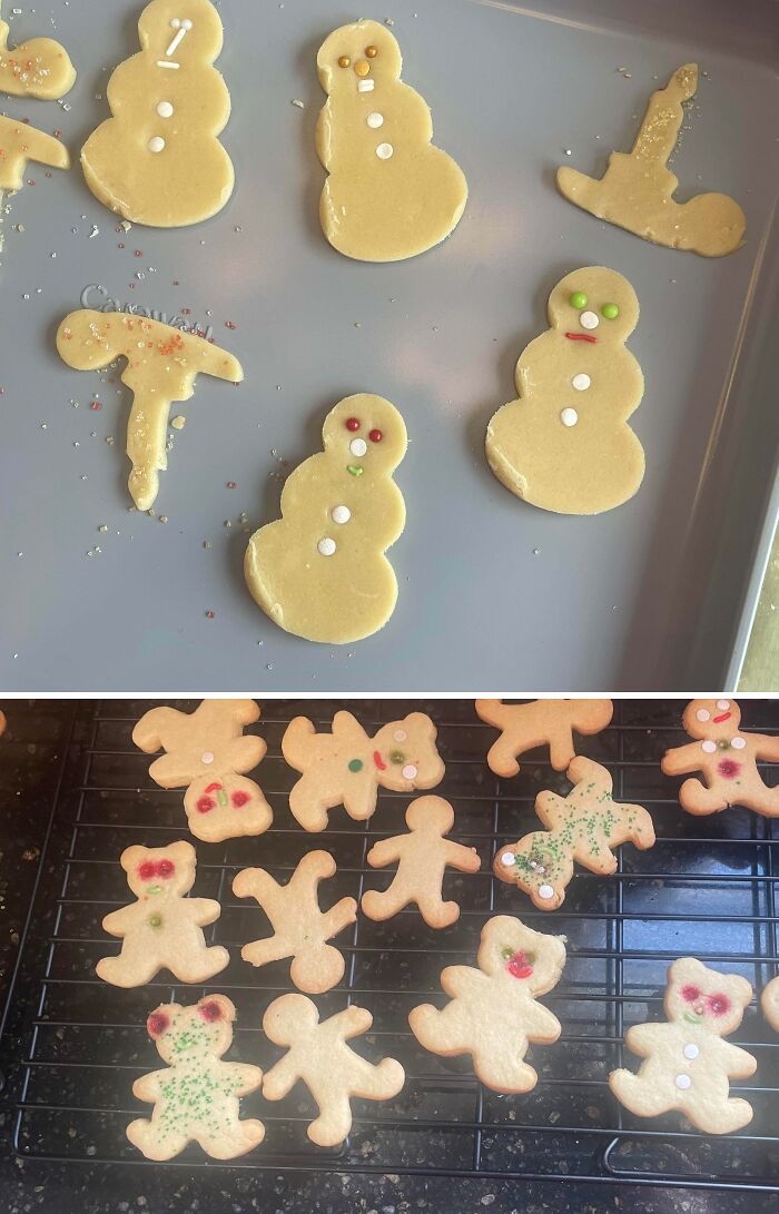 Unbaked and baked cookies with misshapen figures and uneven decorations showing desserts ruined unintentionally.