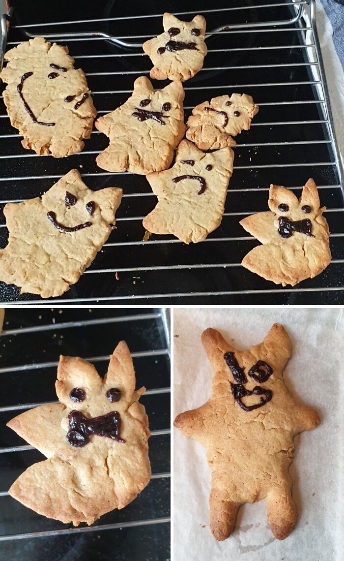 Baked cookies with misshapen forms and uneven chocolate faces showing dessert ruin fails.