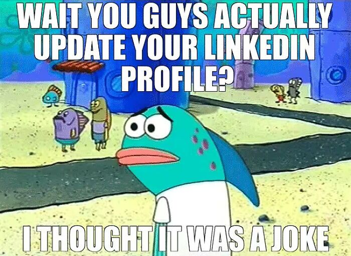 Cartoon fish meme expressing disbelief about people updating their LinkedIn profile, related to resume memes and hiring process.