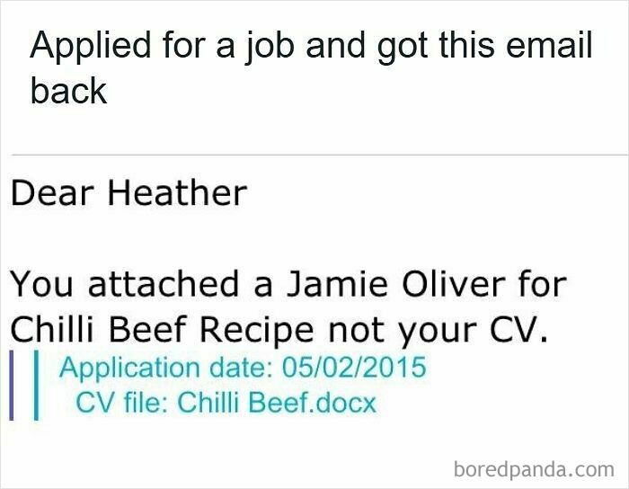 Email showing a job applicant mistakenly attaching a recipe instead of a CV, highlighting resume meme humor.