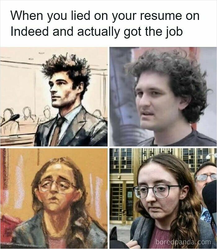 Four-panel resume meme showing courtroom sketches and photos of people with mixed expressions, highlighting resume struggles.