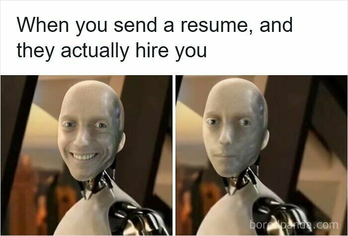 Robot with human face showing happy and serious expressions, illustrating resume meme about getting hired.