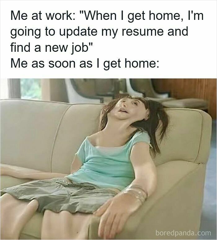 Person exhausted on a couch, humorously illustrating the emotional toll of updating a resume during the hiring process.