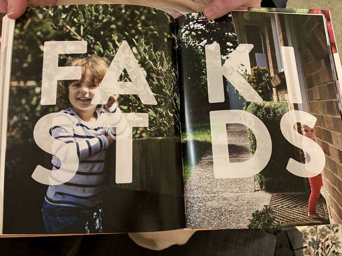 Open book with oversized, misaligned text over photos of children, illustrating design fails from designers writing attempts.