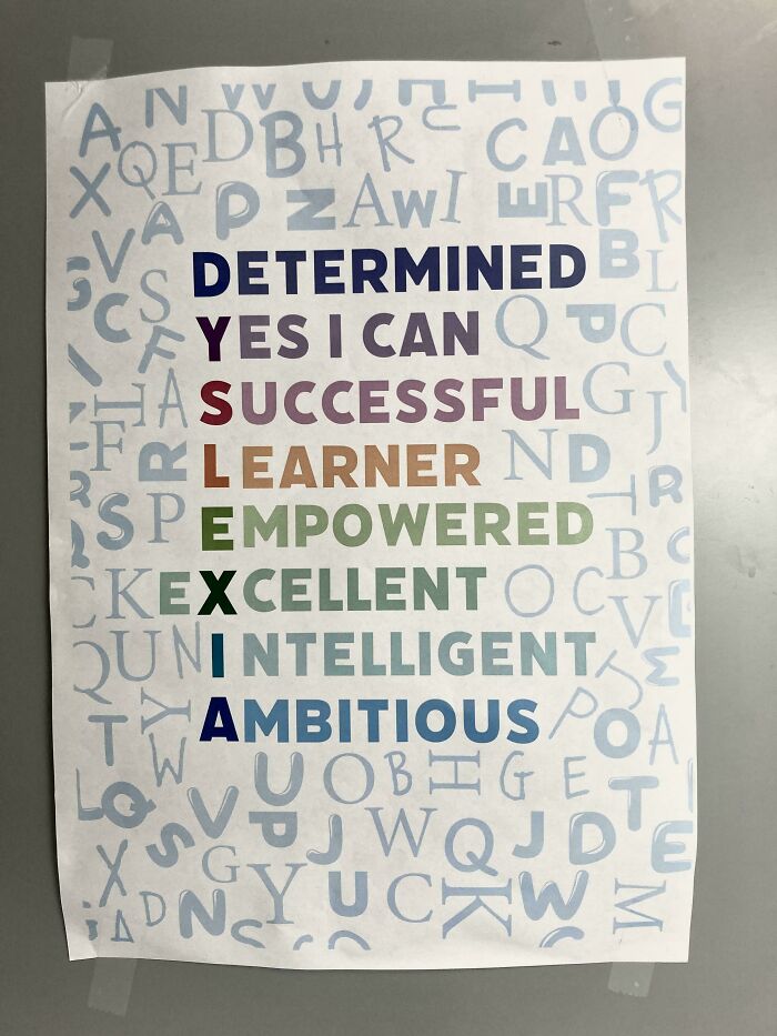 Poster with motivational words arranged vertically and horizontally, showcasing design text fails by designers trying to write.