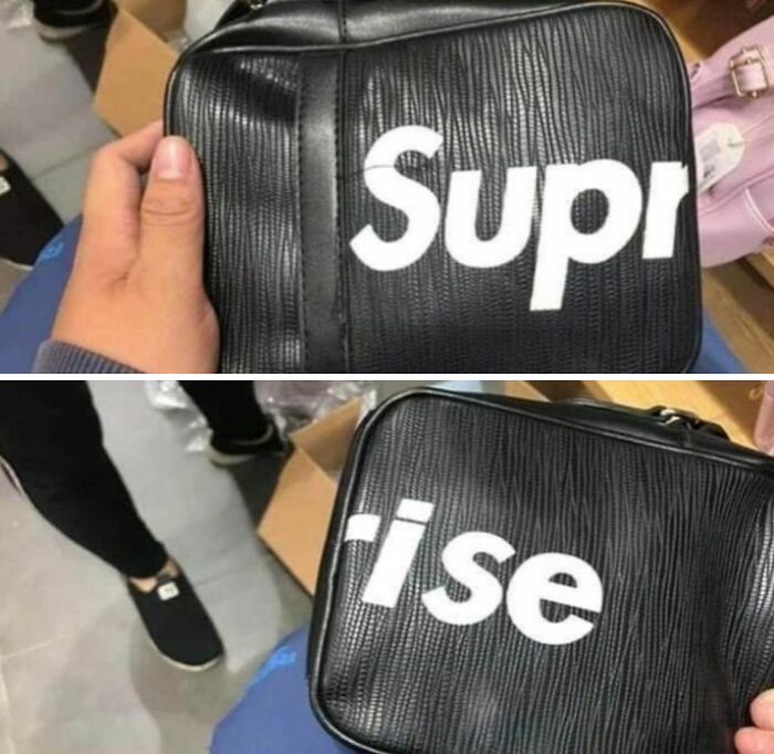 Black bag with poorly printed letters spelling incomplete word showcasing designers writing fails and design mistakes.