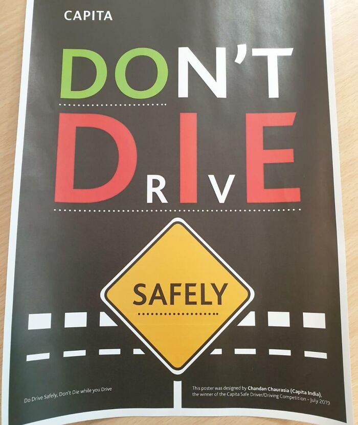 Poster with designer fail text playfully reading DON’T DRIVE with a yellow SAFELY road sign illustrating design mistakes.