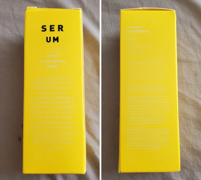 Bright yellow serum packaging with poorly designed, hard-to-read text showcasing designer writing fails.