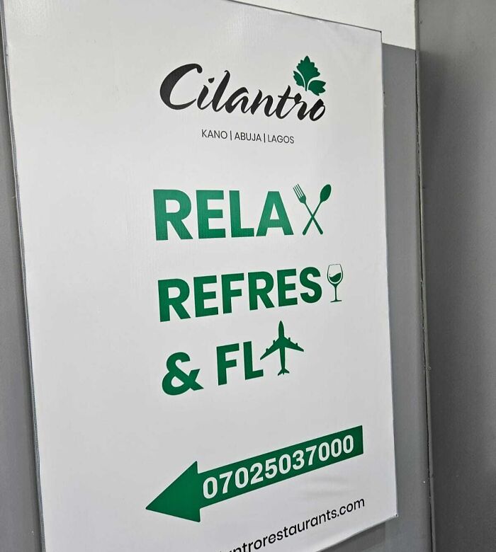 Sign showing failed designer writing with text relax, refres, and fl alongside icons of utensils, a glass, and a plane.