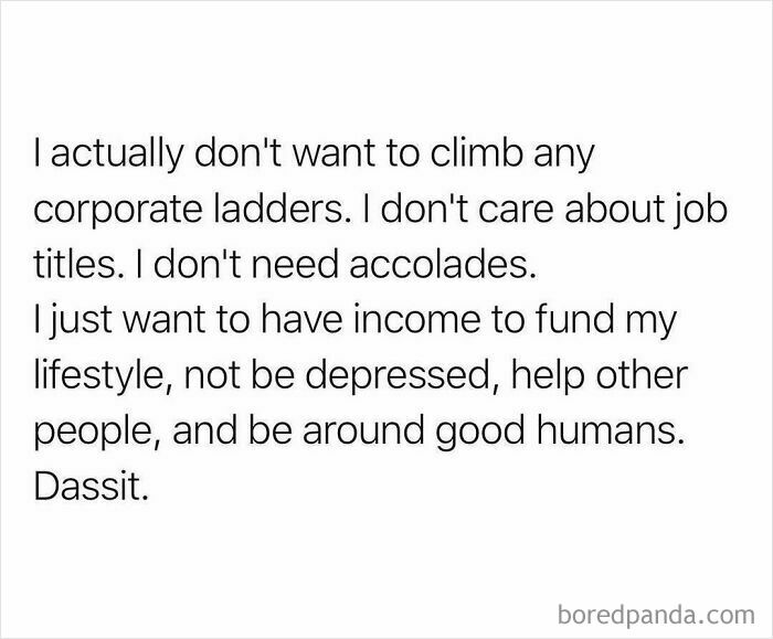 Work meme expressing no desire for corporate ladders, valuing income, mental health, helping others, and good company.