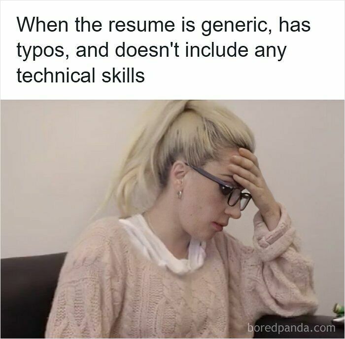 Person frustrated with a generic resume having typos and missing technical skills, illustrating resume memes emotions.