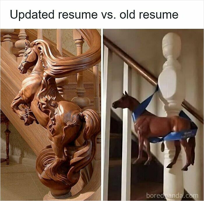 Comparison of an updated wooden horse sculpture and an old plastic horse toy hanging on a staircase representing resume memes.