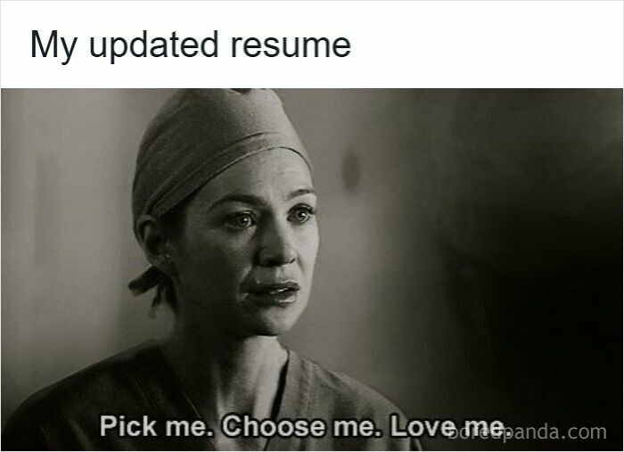 Woman in scrubs with worried expression, captioned with resume meme about being emotionally done with hiring process.