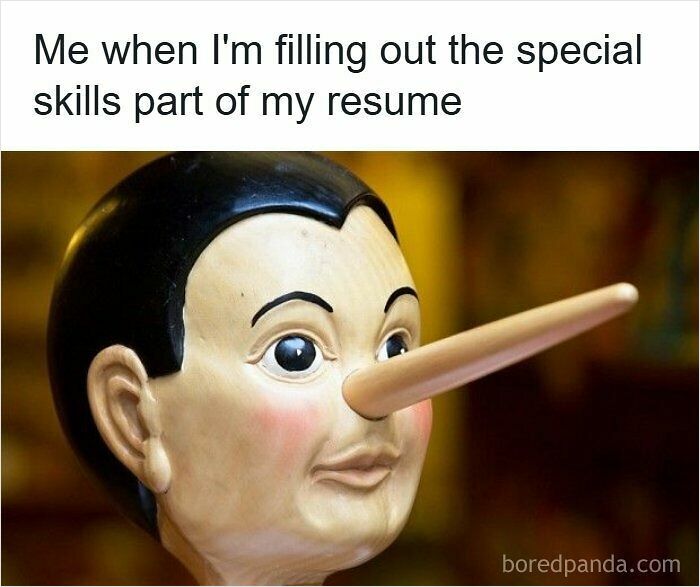 Pinocchio figure with a long nose representing lying while filling out special skills on a resume meme about the hiring process.