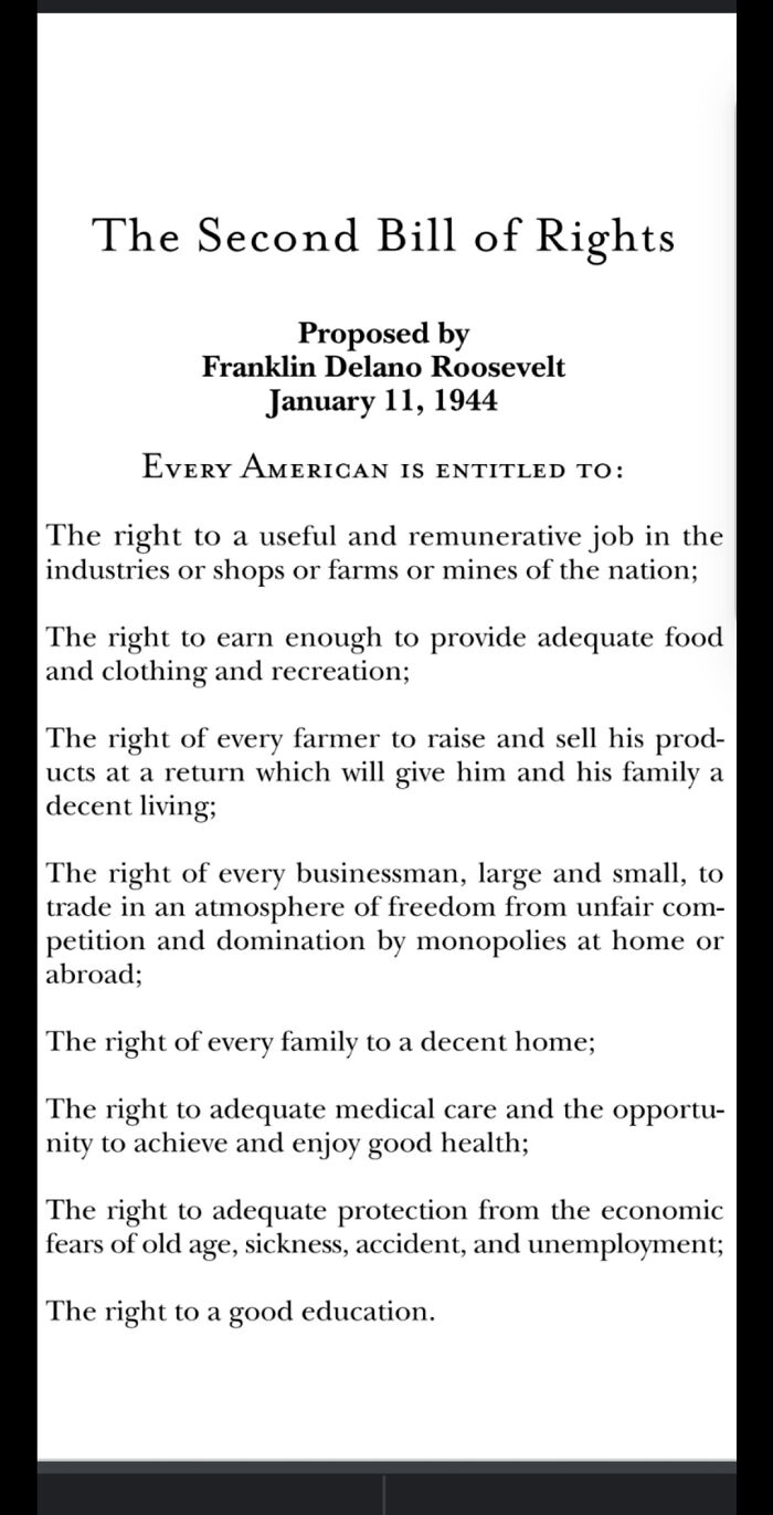 Second Bill of Rights proposed by Franklin D. Roosevelt in 1944 outlining Americans' economic and social rights in US history photos.