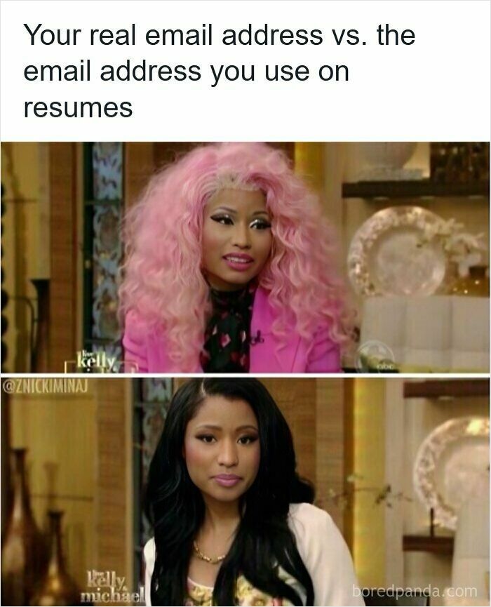 Comparison of real email address versus professional email used on resumes in a relatable resume memes format.