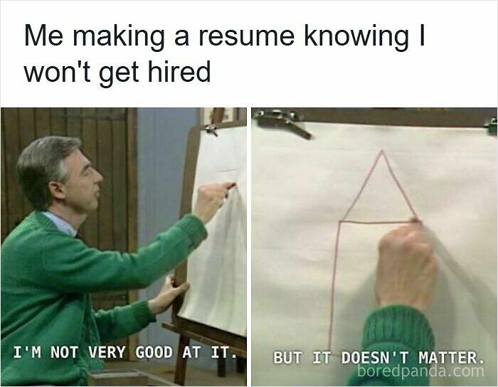 Man drawing a simple house on a flip chart about resume memes showing frustration with the hiring process.
