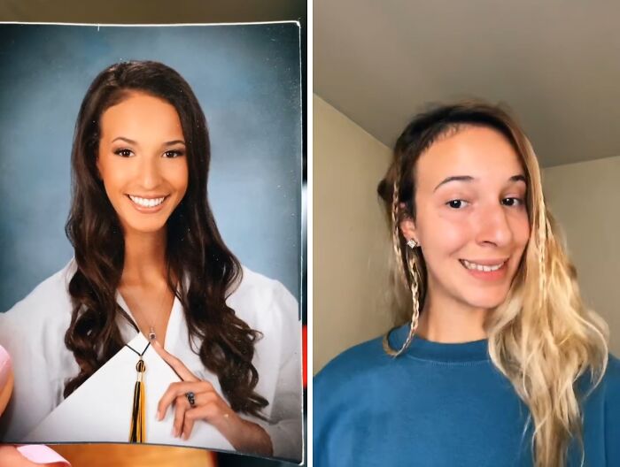 Side-by-side photos of a woman showing her glow down transformation and sharing personal vulnerability.