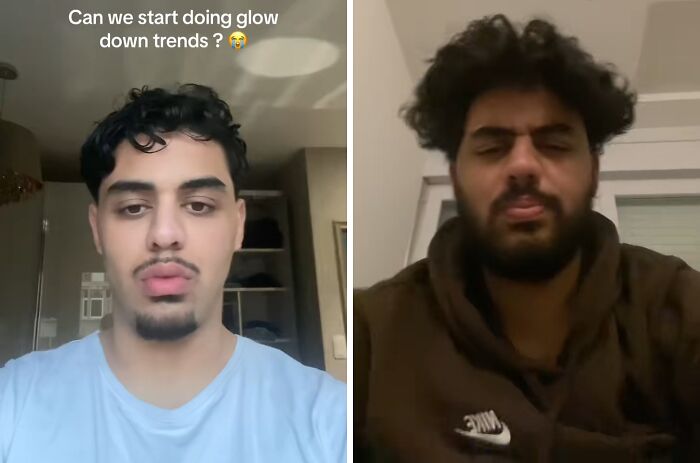 Two men in side-by-side photos illustrating personal glow down transformations over time.