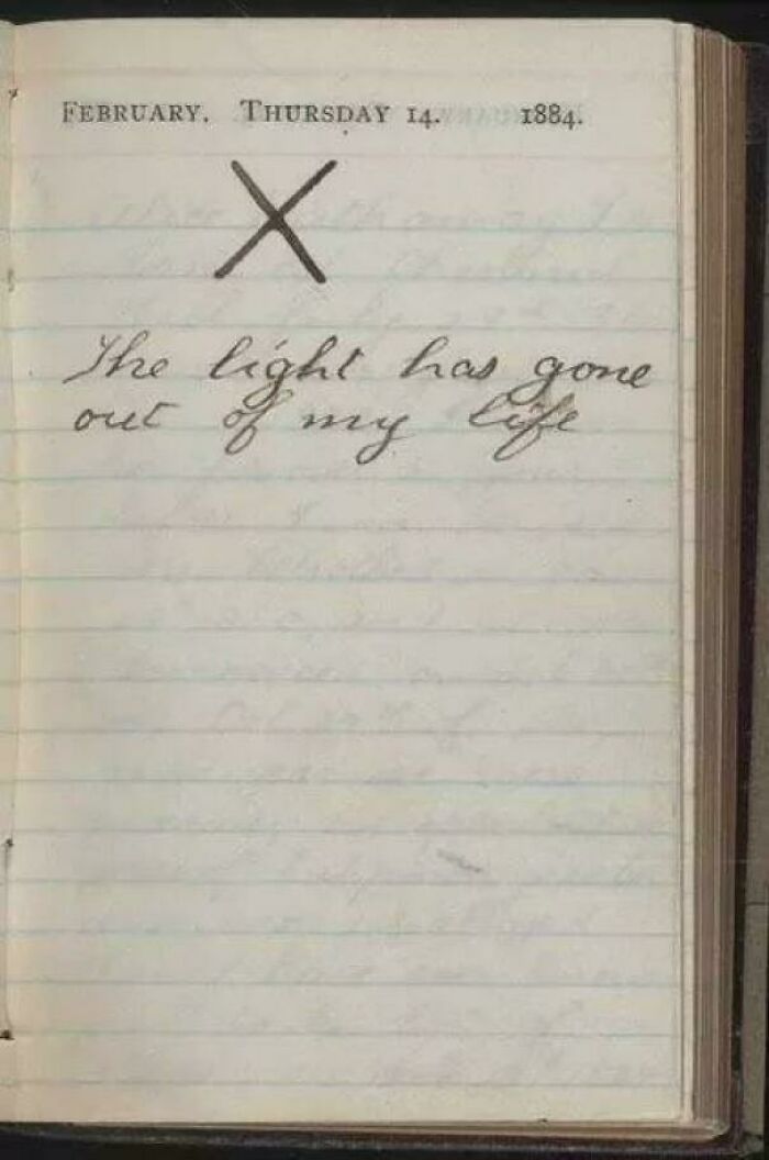 Handwritten diary entry from 1884 with the phrase the light has gone out of my life featured in US history photos.