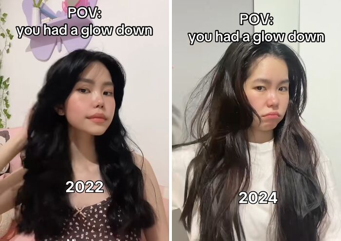 Young woman showing a glow down transformation from 2022 to 2024 with long dark hair and varied expressions.