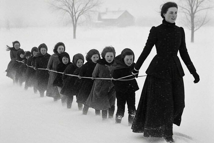 Group of children guided by a woman walking in snow, a rare US history photo showing past daily life outside textbooks.