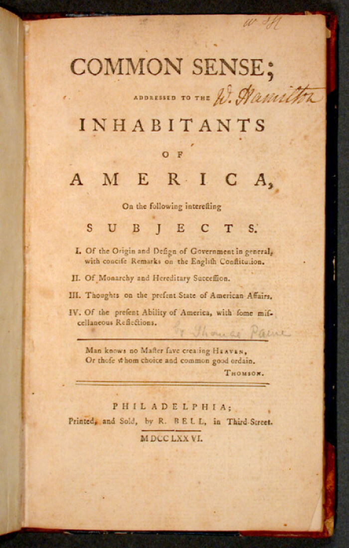 Page from the original Common Sense pamphlet showing US history text and topics from the 18th century.