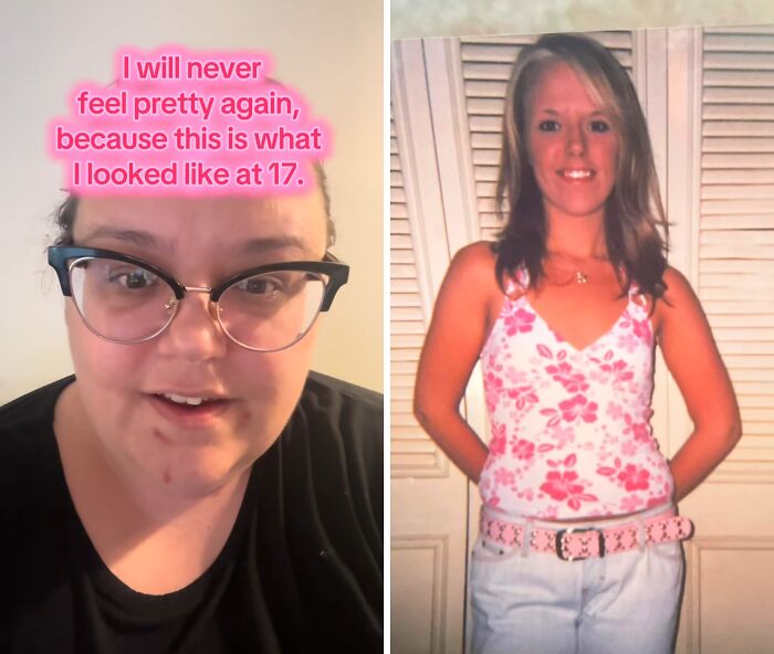 Side-by-side photos showing a woman reflecting on her glow down since her teenage peak appearance.