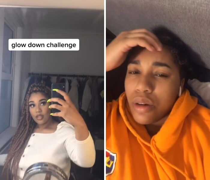 Side-by-side photos showing a woman participating in the glow down challenge before and after her peak.