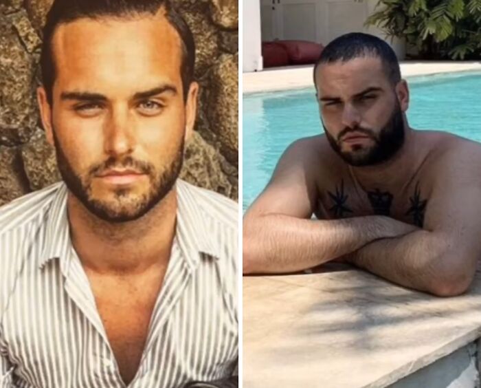 Side-by-side photos of a man showing a glow down transformation since his peak.