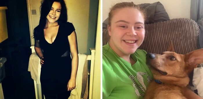 Side-by-side photos showing a woman’s glow down transformation, illustrating changes since she peaked with a dog by her side.