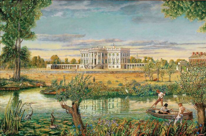 Historic painting of the White House with men fishing on the riverbank, showcasing US history photos from the past.