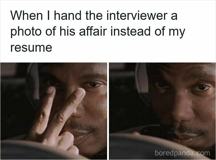 Man smirking and making a peace sign with fingers, meme about resume and hiring process frustration.