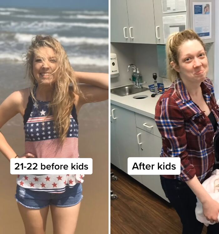 Woman shown before and after kids, illustrating a glow down with candid photos capturing changes over time.