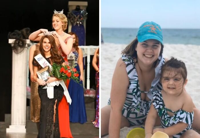 Before and after photos showing a woman’s glow down transformation since her beauty pageant peak.