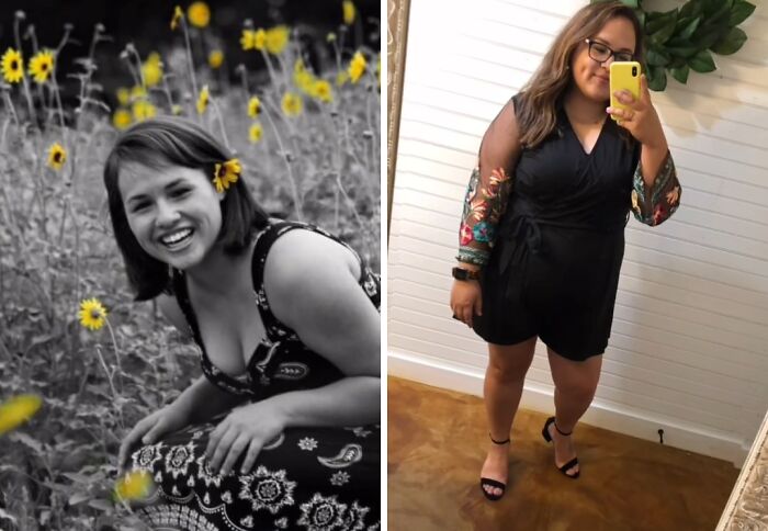 Side-by-side photos showing a woman’s glow down transformation with before and after casual and dressy looks.