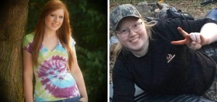 Side-by-side photos showing a person's glow down transformation with casual outdoor settings and relaxed poses.