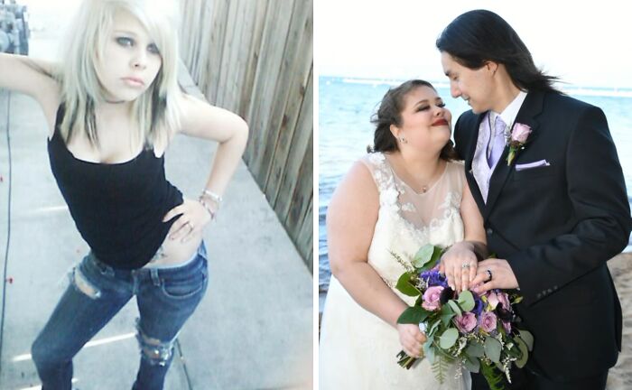 Side-by-side photos showing a young woman in casual wear and a joyful couple on their wedding day, illustrating glow down stories.