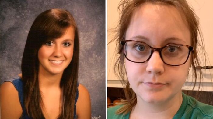 Side-by-side images of a woman showing a glow down transformation from youthful school photo to a casual recent look wearing glasses.