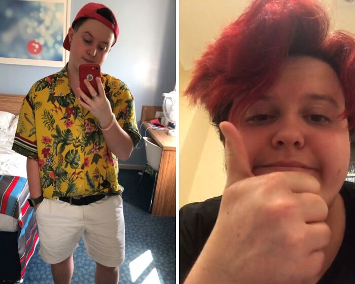 Person showing glow down transformation in casual outfit and red hair, sharing vulnerability and personal glow down experience.