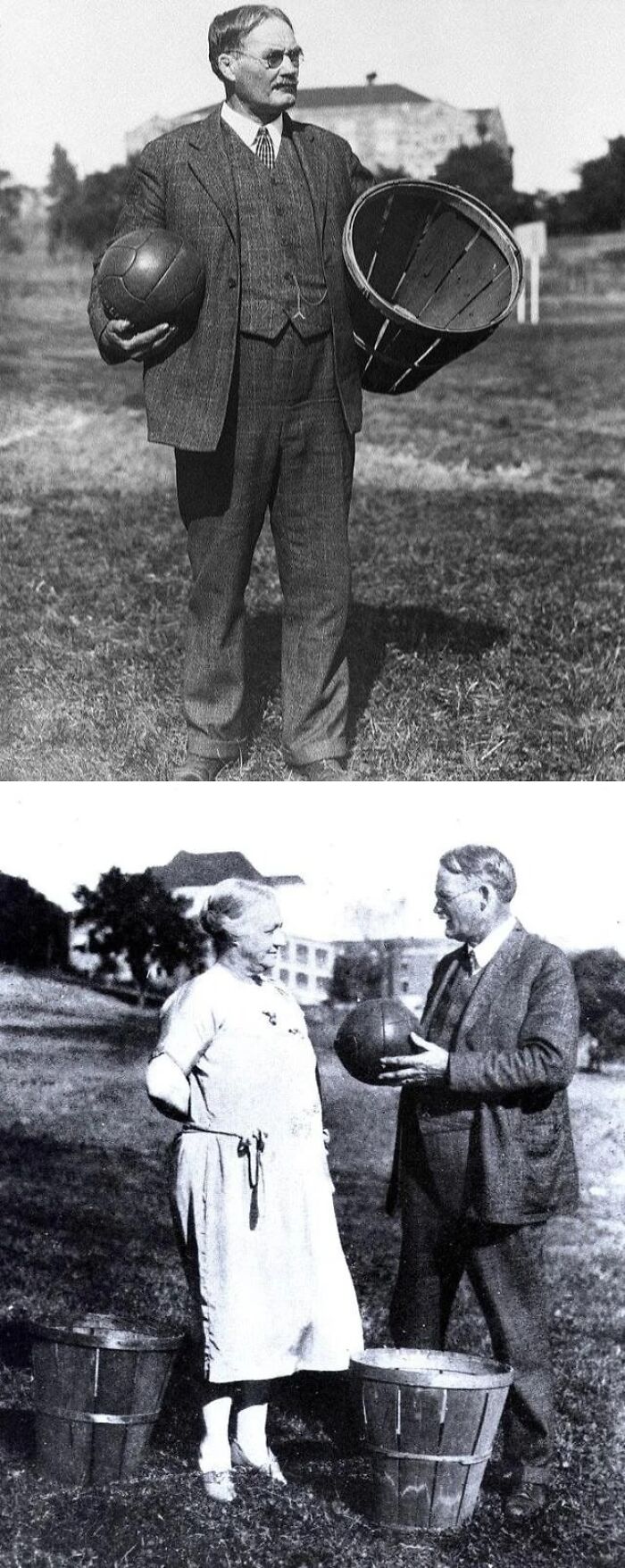 Early 20th century US history photo showing man and woman with basketball and wooden baskets outdoors.