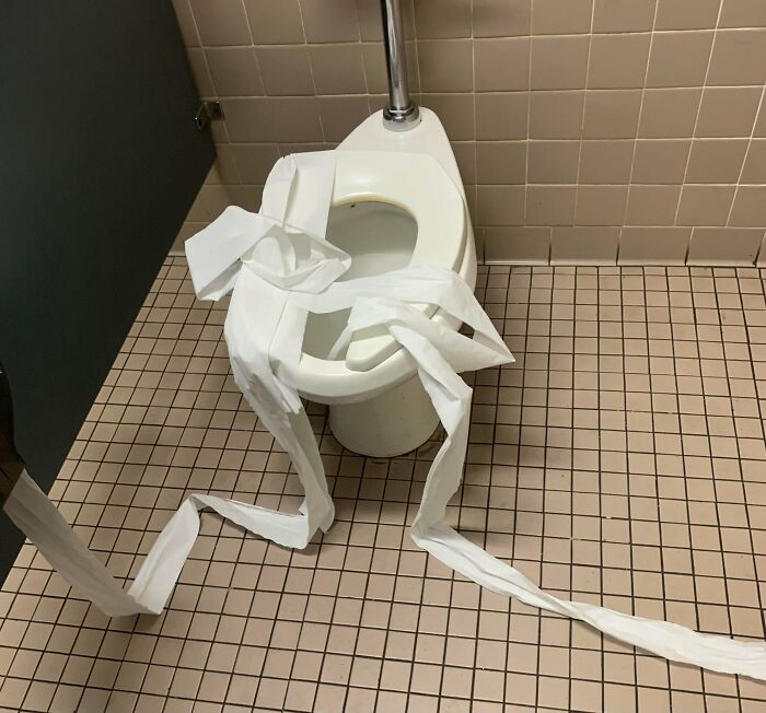 Toilet in a school bathroom with long toilet paper strewn around, illustrating weirdest teacher behavior witnessed in class.