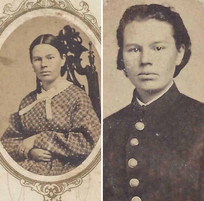 Two vintage US history photos side by side showing a woman and a man in 19th-century attire and military uniform.
