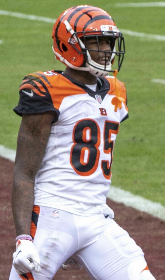 Tee Higgins in Cincinnati Bengals football uniform, wearing helmet and gloves, on the field during a game.