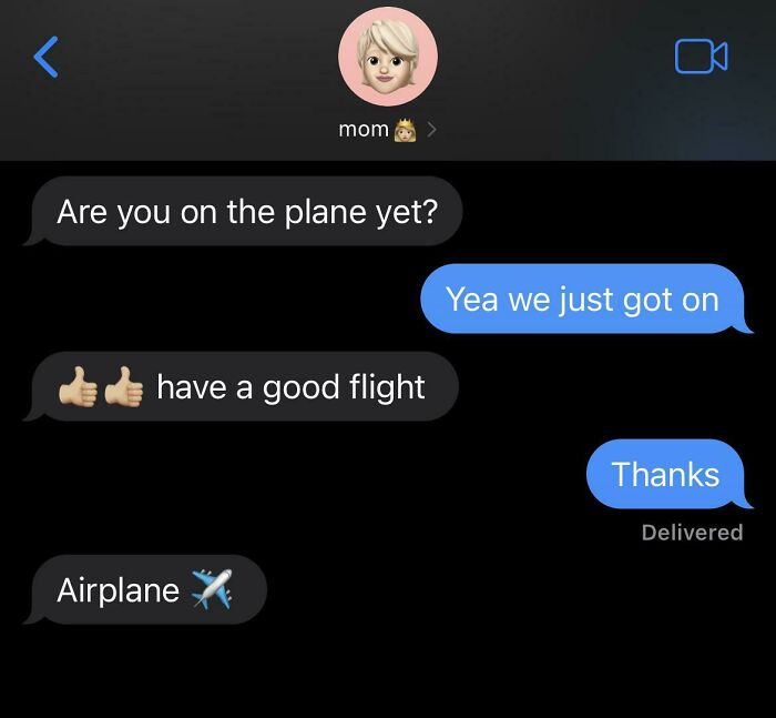 Text message exchange between mom and child about being on a plane with airplane emojis in a hilarious texting conversation.