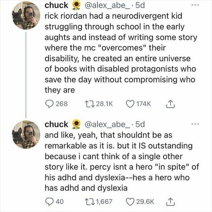 Screenshot of tweets discussing neurodivergent brain representation in Rick Riordan's books with ADHD and dyslexia.
