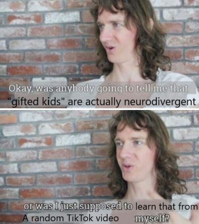 Person with curly hair talks about gifted kids being neurodivergent in a humorous post about neurodivergent brain life.