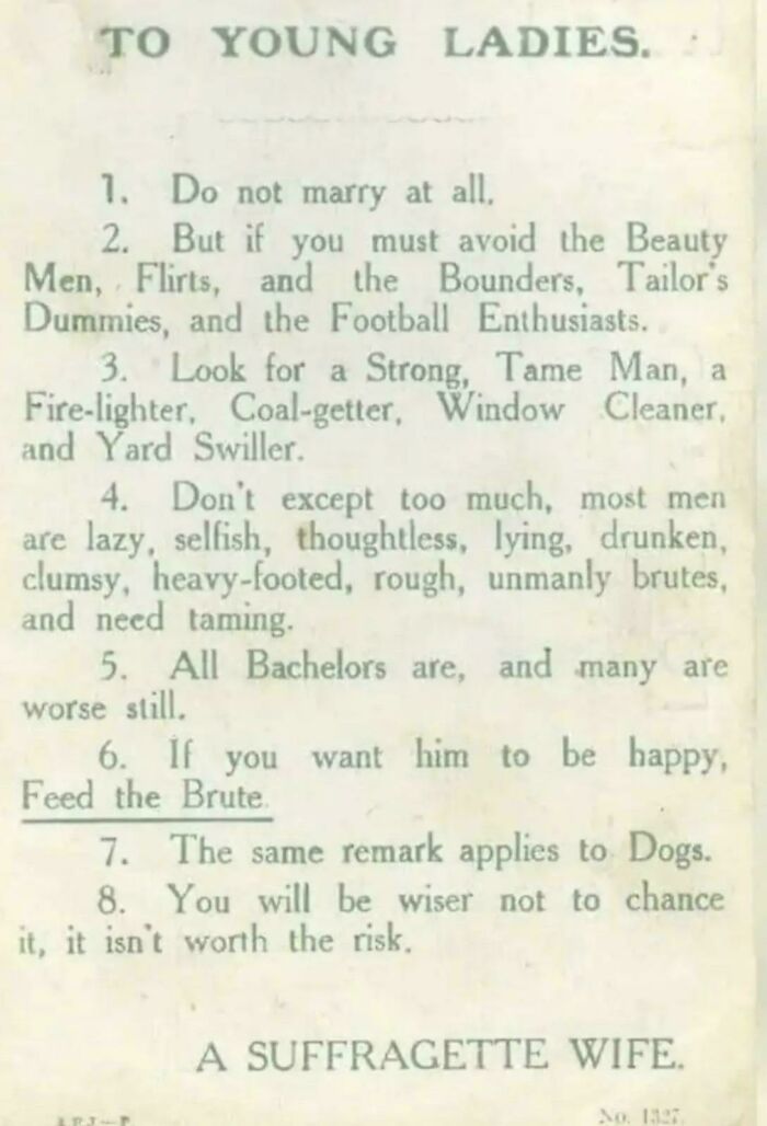 Vintage historical photograph of a typed letter titled To Young Ladies, reflecting old social advice from a suffragette wife.