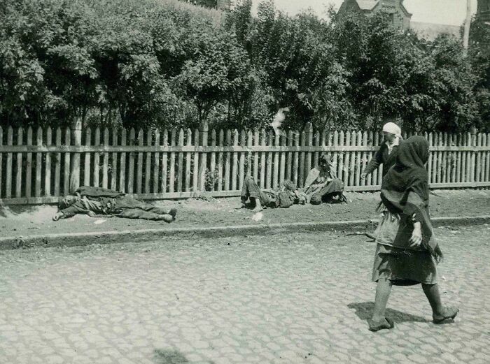 Historical photograph showing people resting and walking along a cobblestone street near a wooden fence and trees.